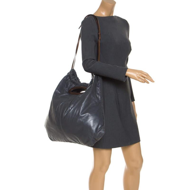 Women's Marni Dark Grey Nappa Leather Drawstring Shoulder Bag For Sale
