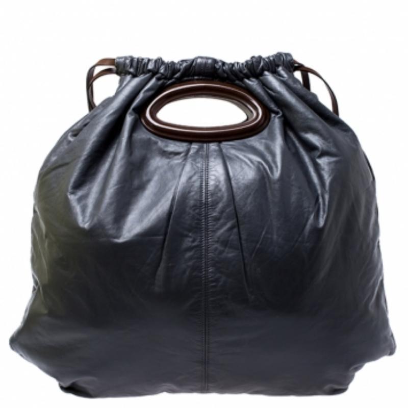 Marni Dark Grey Nappa Leather Drawstring Shoulder Bag Pour femmes en vente