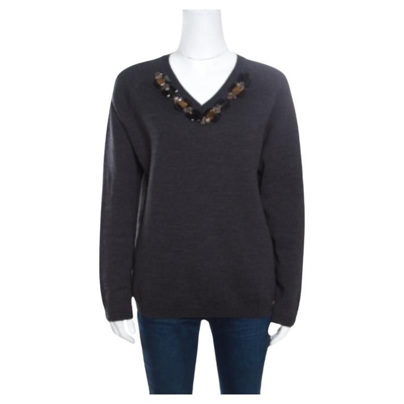 Marni Gris Oscuro Lana Cristal Embellished V Neck Sweater M