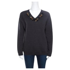 Marni Dark Grey Wool Crystal Embellished V Neck Sweater M