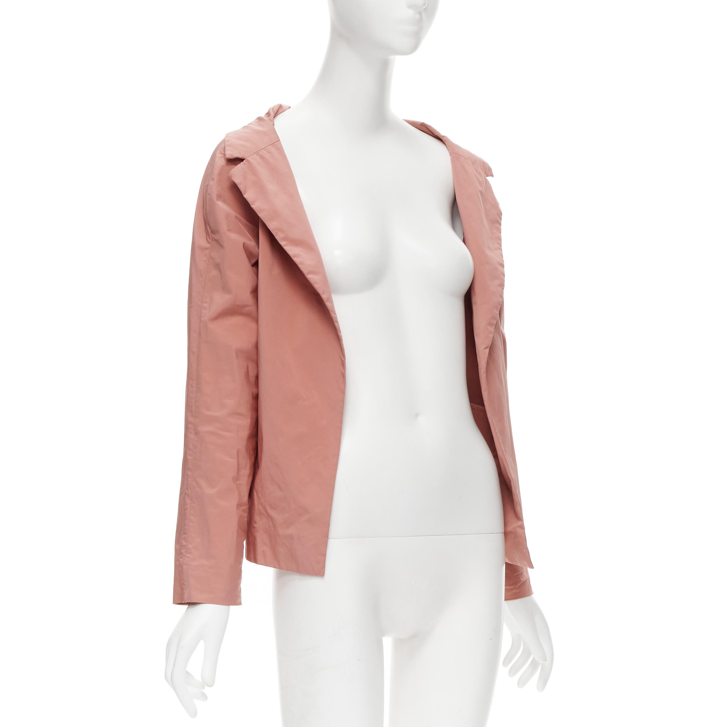 MARNI dusty blush pink polyamide nylon spread collar blazer jacket IT40 XS 
Reference: CELG/A00068 
Brand: Marni 
Material: Polyester 
Color: Pink 
Pattern: Solid 
Extra Detail: Open front. 
Made in: Italy 

CONDITION: 
Condition: Very good, this