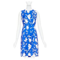 MARNI eletric blue white silk abstrct floral print pleated sheath dress IT42 M