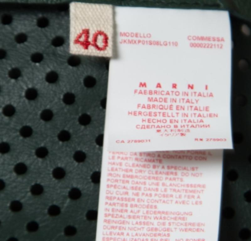 Marni Emerald Green Perforated Leather Floral Embellished Detail Bomber Jacket S In Good Condition In Dubai, Al Qouz 2