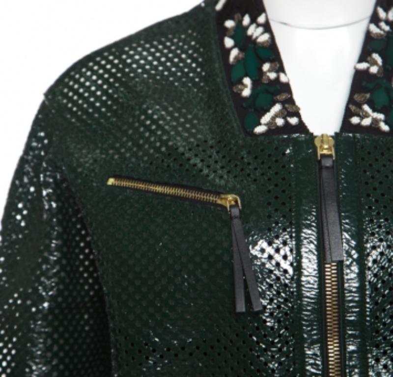 Marni Emerald Green Perforated Leather Floral Embellished Detail Bomber Jacket S 1