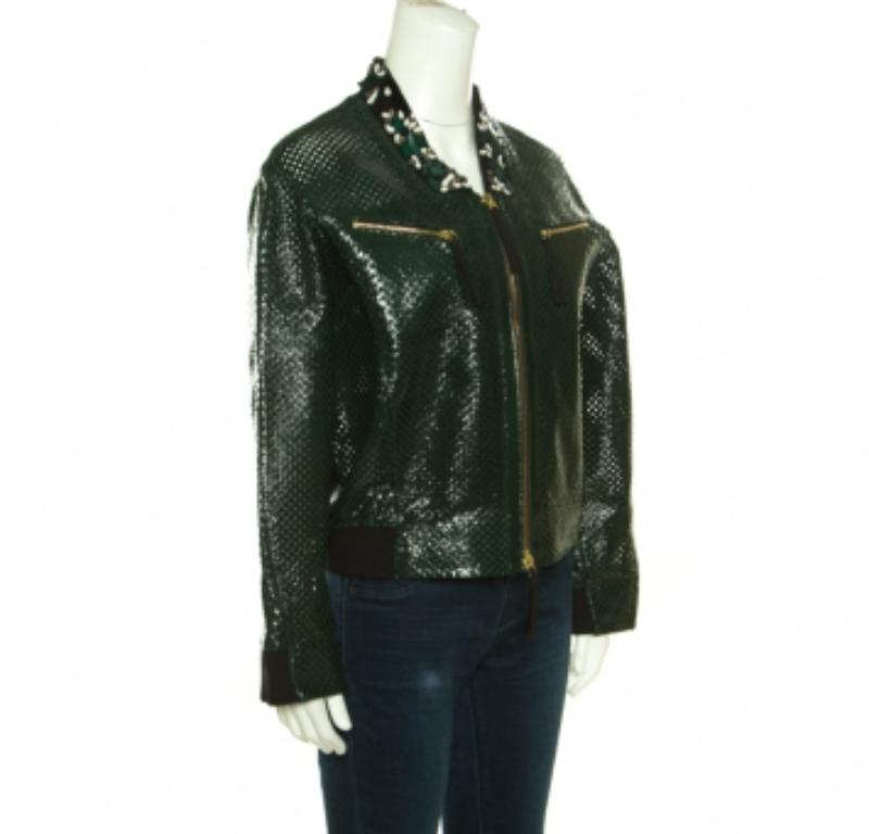 Marni Emerald Green Perforated Leather Floral Embellished Detail Bomber Jacket S 2