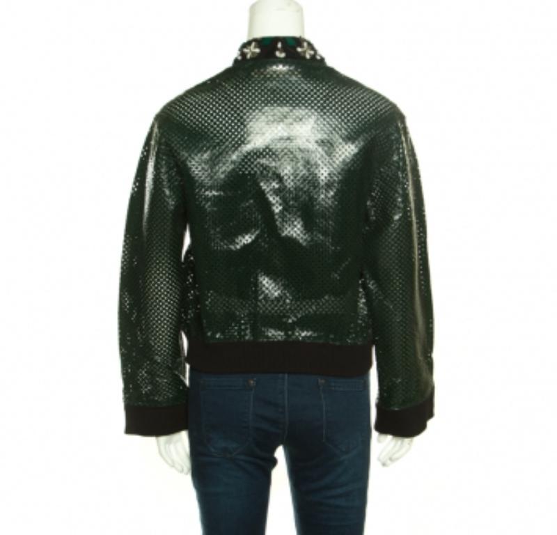 Marni Emerald Green Perforated Leather Floral Embellished Detail Bomber Jacket S 3