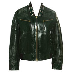 Marni Emerald Green Perforated Leather Floral Embellished Detail Bomber Jacket S
