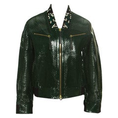 Marni Emerald Green Perforated Leather Floral Embellished Detail Bomber Jacket S