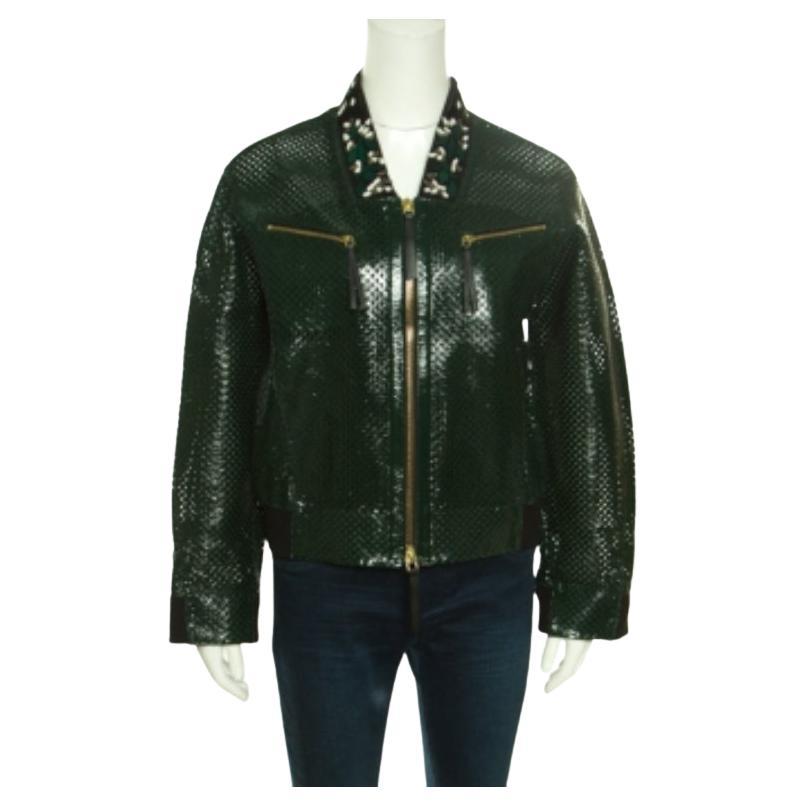 Marni - Giacca bomber in pelle traforata con dettagli floreali, verde smeraldo - S
