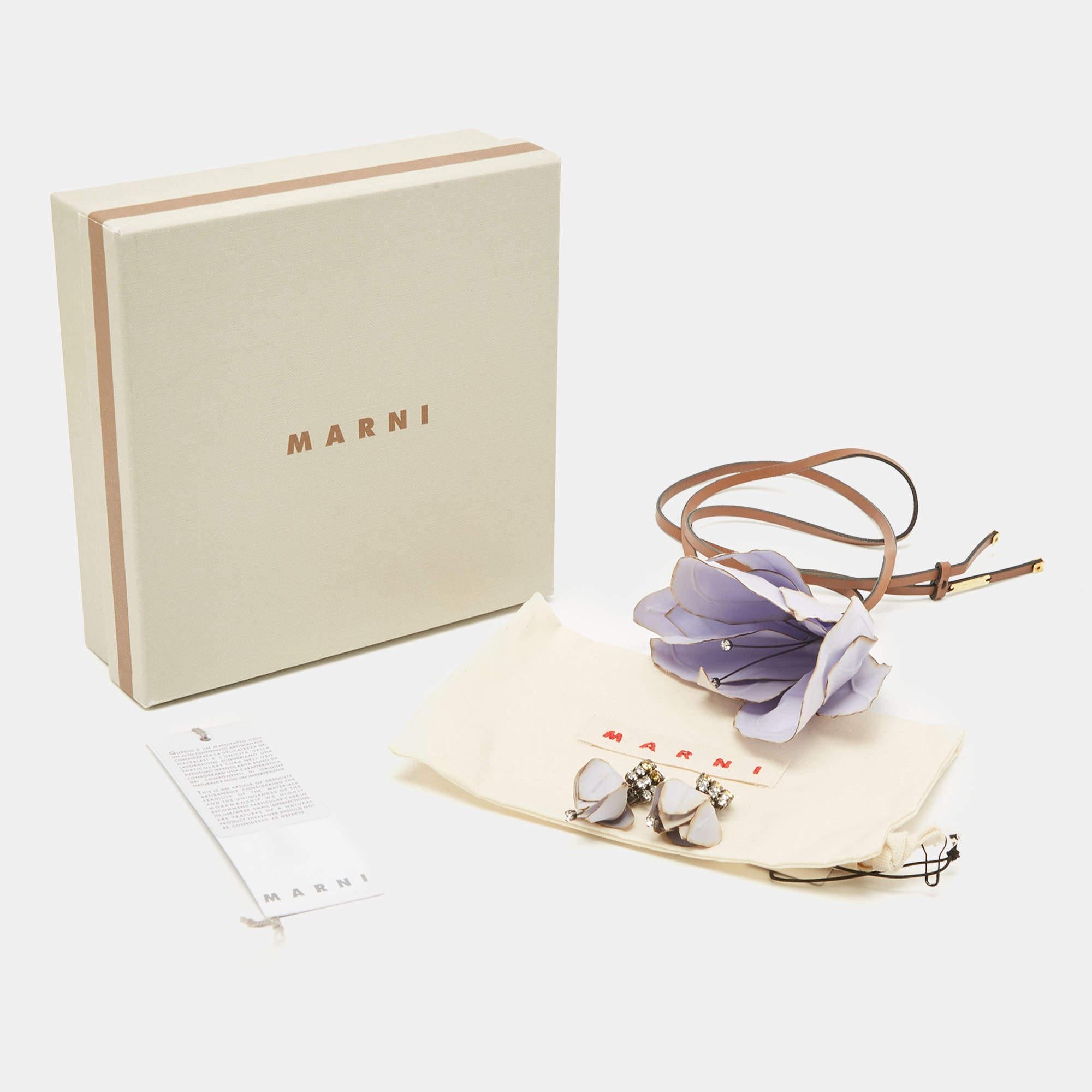 Marni Floral Fabric Crystal Leather Gunmetal Tone Necklace Set 2