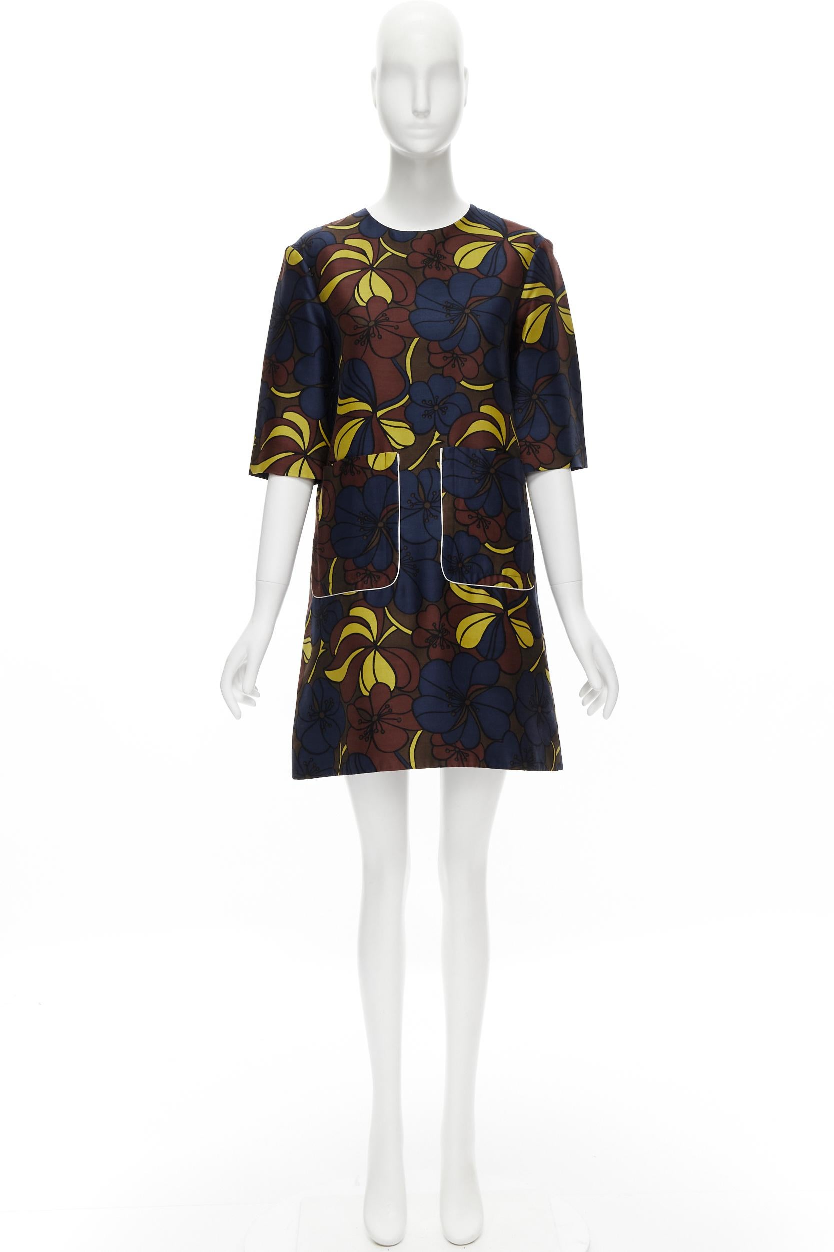 MARNI floral print wool silk crepe patch pocket boxy A-line dress IT38 XS For Sale 4