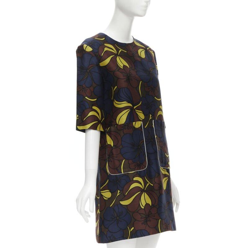 Black MARNI floral print wool silk crepe patch pocket boxy A-line dress IT38 XS For Sale
