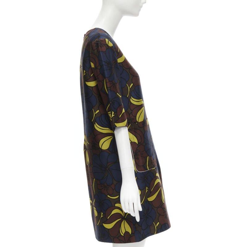 MARNI floral print wool silk crepe patch pocket boxy A-line dress IT38 XS In Excellent Condition For Sale In Hong Kong, NT