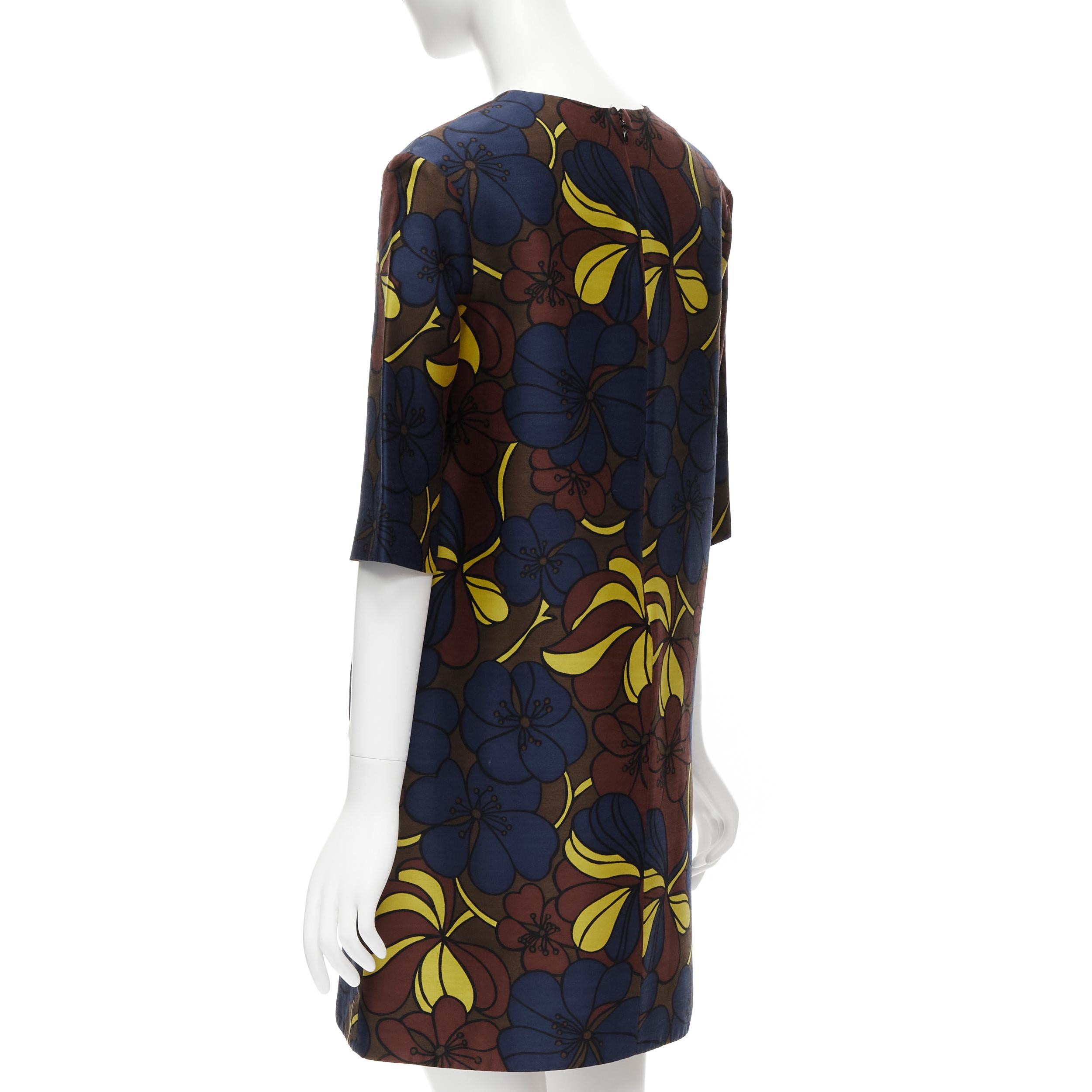 Black MARNI floral print wool silk crepe patch pocket boxy A-line dress IT38 XS For Sale