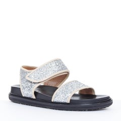 MARNI glitter fabric Fussbett silver nude piping open toe flat sandals EU37
