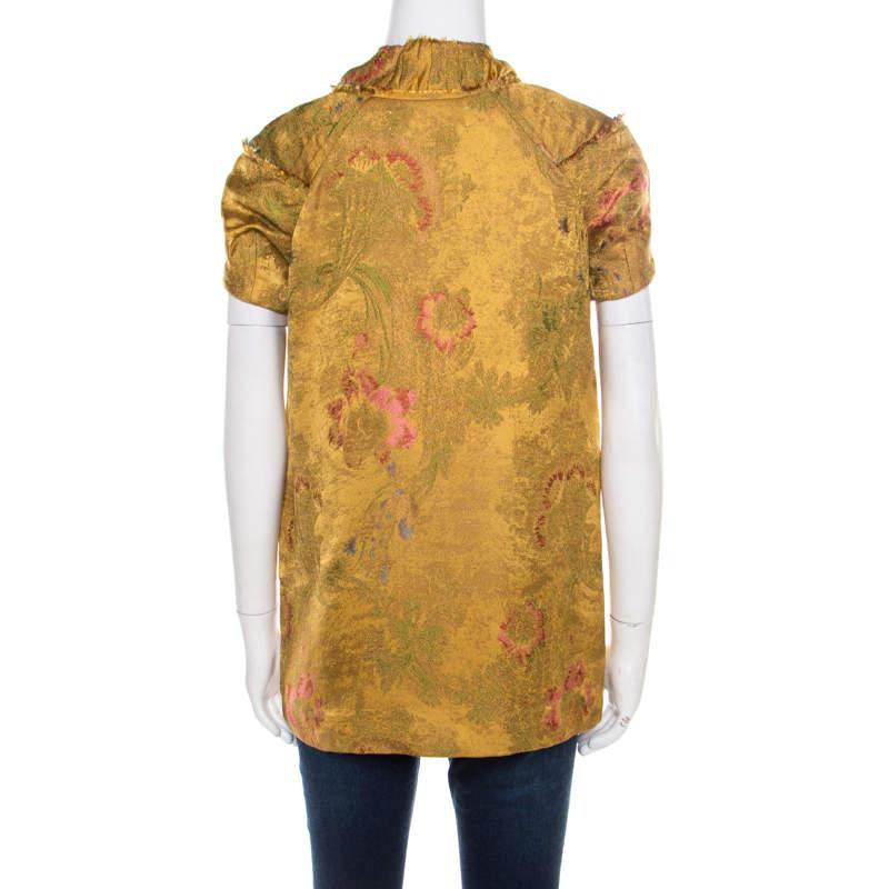 Marni Gold Floral Jacquard Frayed Trim Detail Cap Sleeve Top S In Good Condition For Sale In Dubai, Al Qouz 2