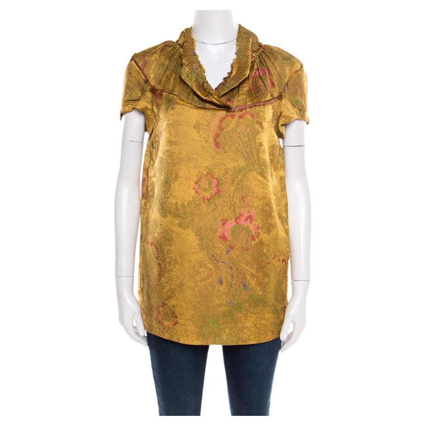 Marni Gold Floral Jacquard Frayed Trim Detail Cap Sleeve Top S For Sale