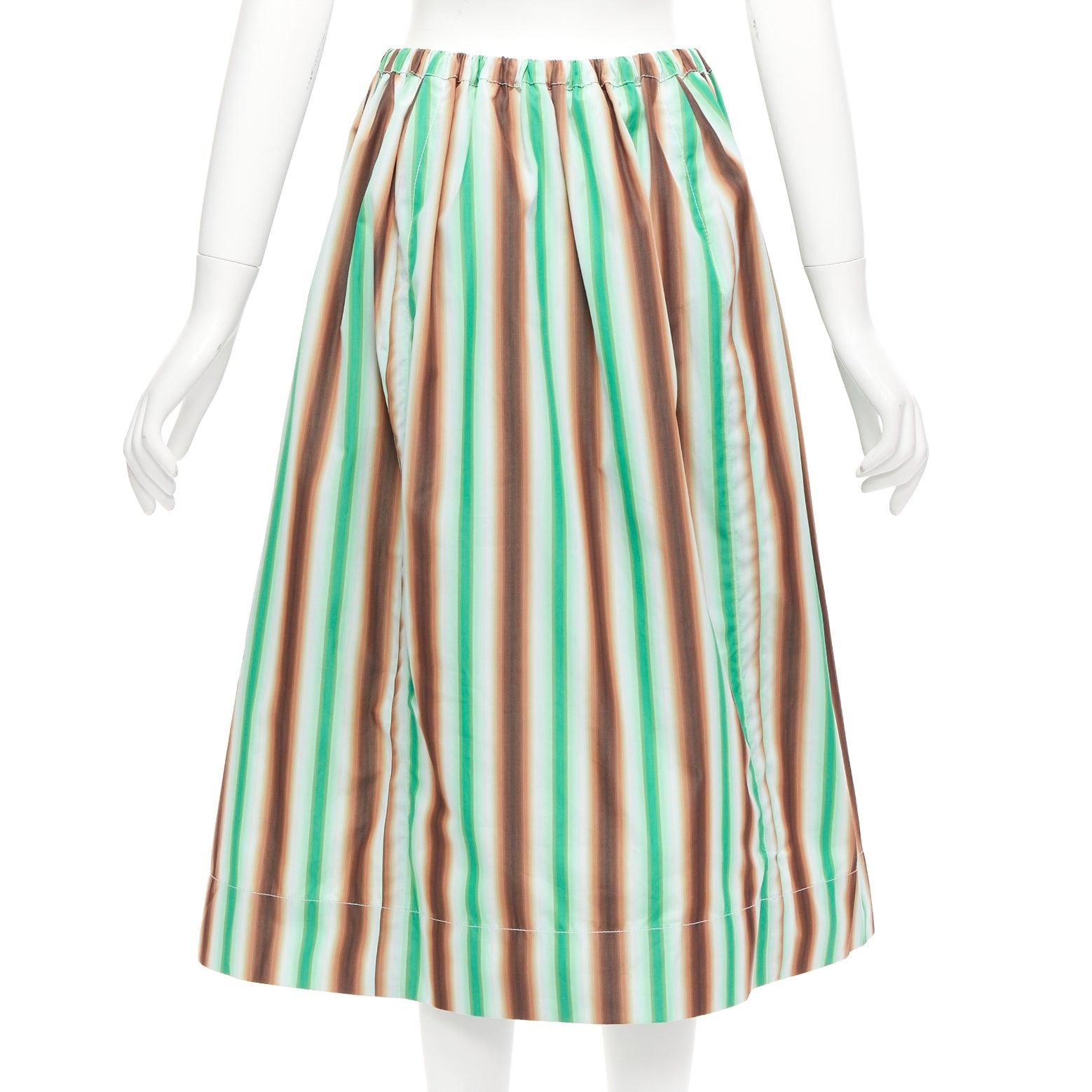 MARNI graphic green brown white striped cotton midi parachute skirt IT38 XS In Excellent Condition For Sale In Hong Kong, NT