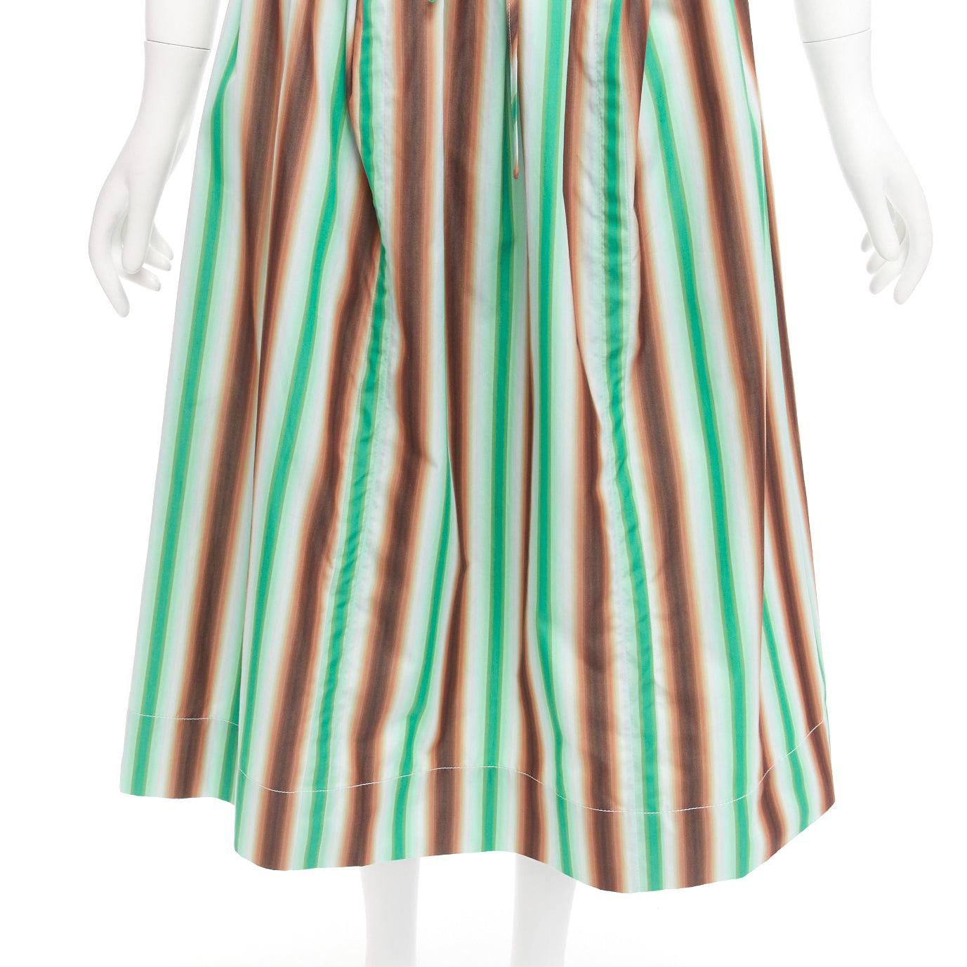 MARNI graphic green brown white striped cotton midi parachute skirt IT38 XS For Sale 1
