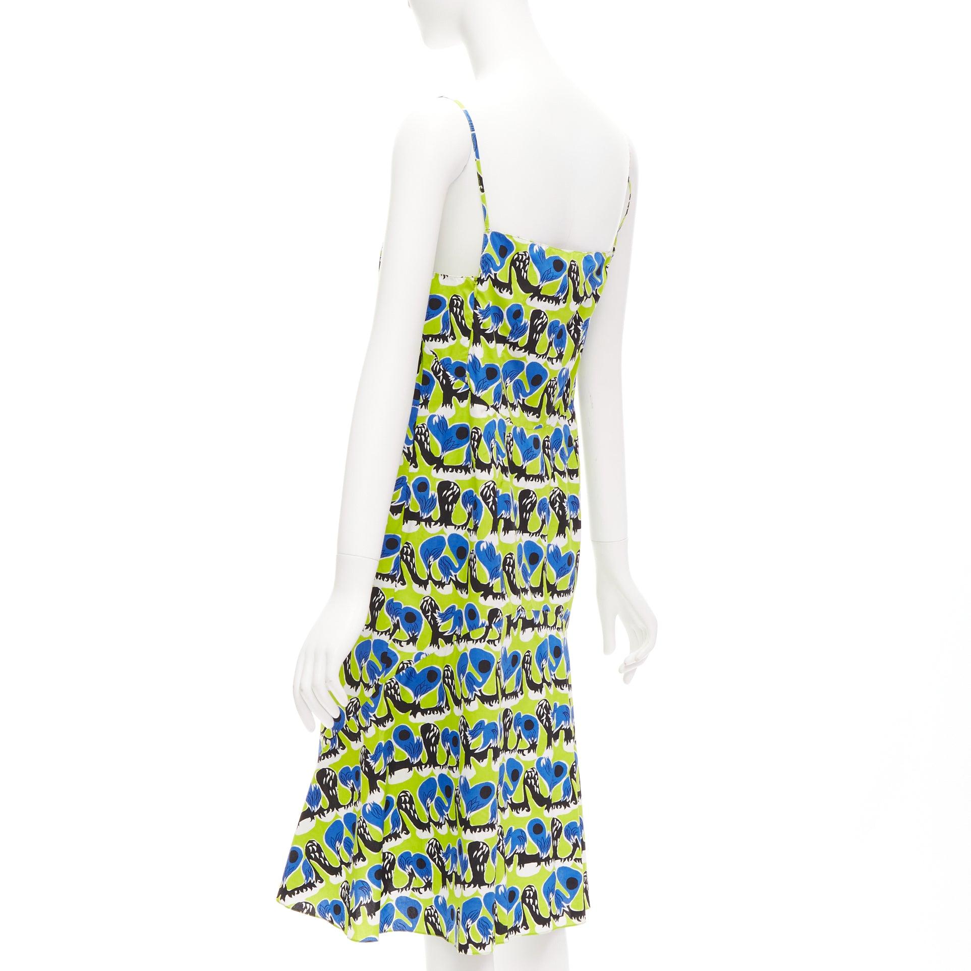 Women's MARNI green blue geometric print cotton kick flared summer dress IT42 M For Sale