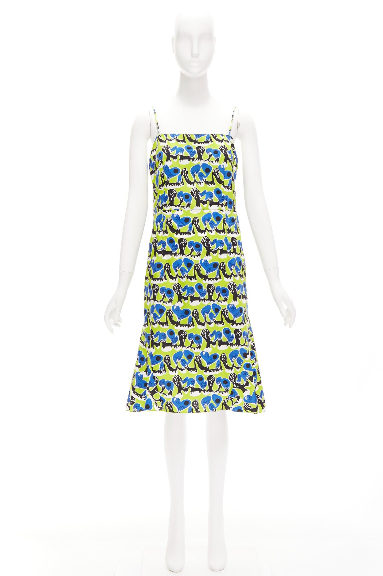 MARNI green blue geometric print cotton kick flared summer dress IT42 M For Sale 4