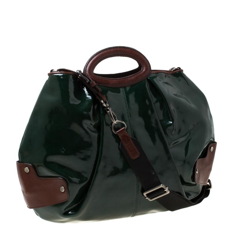Black Marni Green/Brown Patent Leather New Balloon Hobo For Sale
