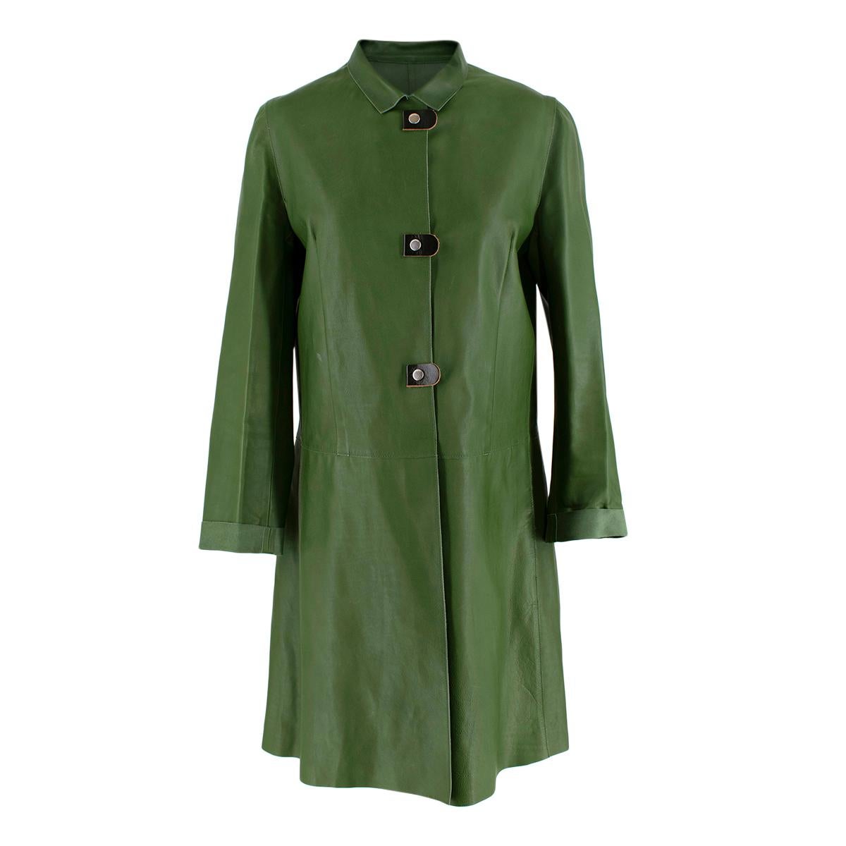 Marni Green Calf Leather Mid-Length Coat

- Grain calfskin leather in a rich green tone 
- Retro inspired styling with a slim cut, small point collar, and gently flared silhouette
- Front silver-tone popper fastening with black leather tabs
- Rolled
