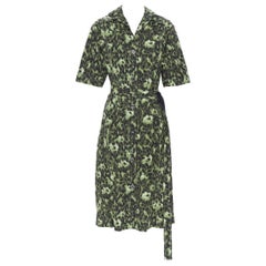 MARNI green camouflage leopard print D-ring belted short sleeve midi dress IT42