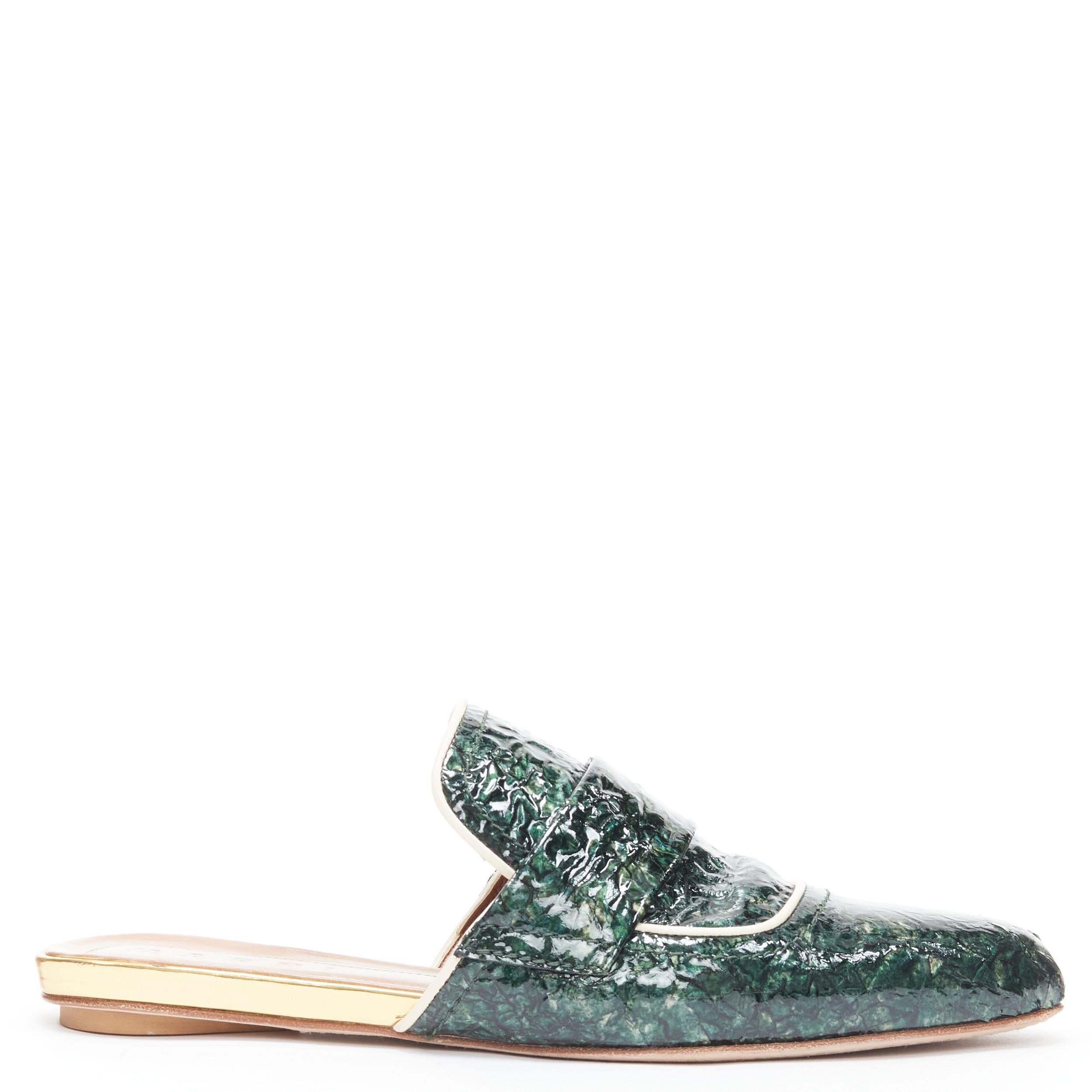 MARNI green crinkled patent point toe slip on mule flats loafer EU37.5 
Reference: CELG/A00230 
Brand: Marni 
Material: Patent Leather 
Color: Green 
Pattern: Solid 
Made in: Italy 

CONDITION: 
Condition: Excellent, this item was pre-owned and is