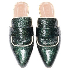 MARNI green crinkled patent point toe slip on mule flats loafer EU37.5