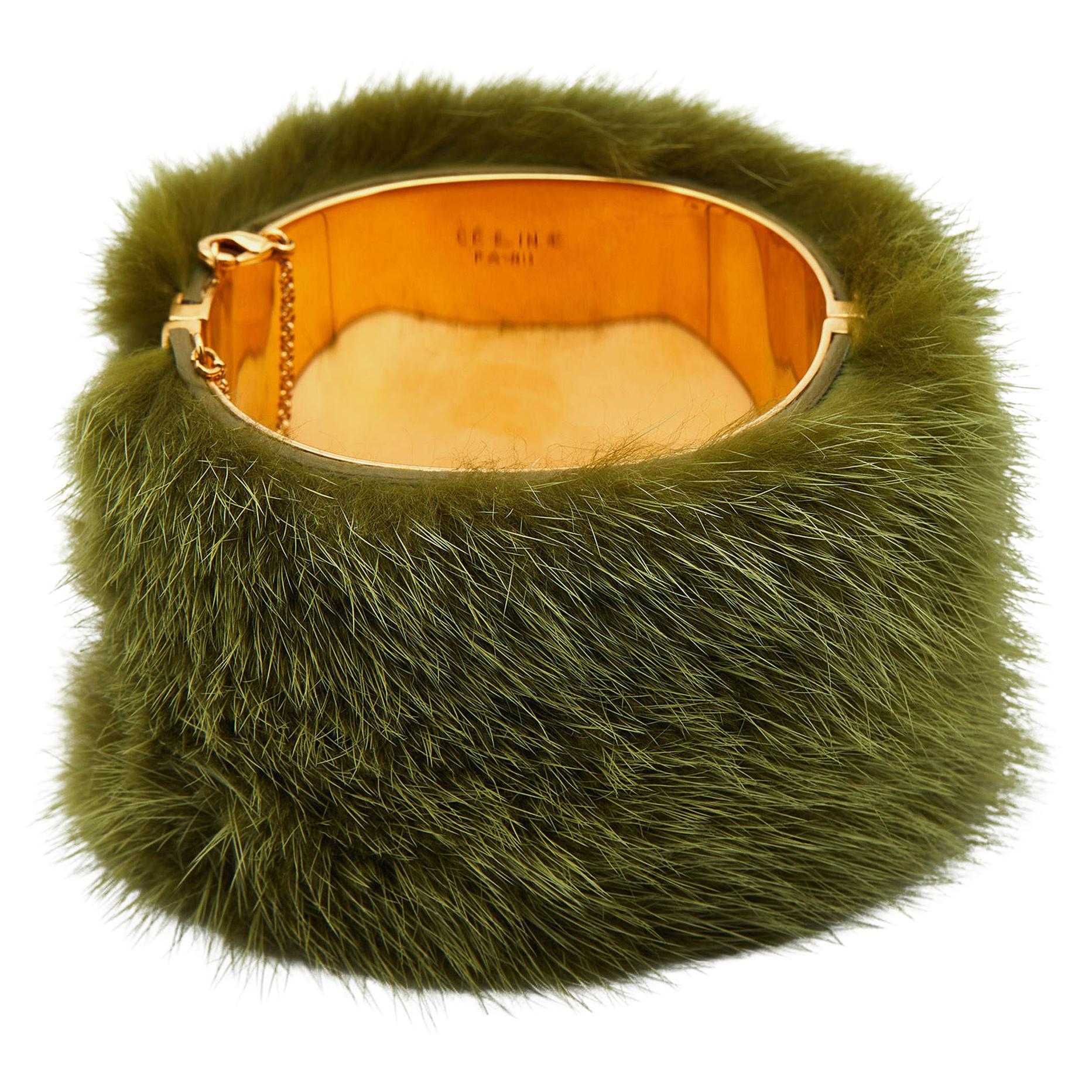 Marni Green Faux Fur Gold Tone Cuff Bracelet M For Sale