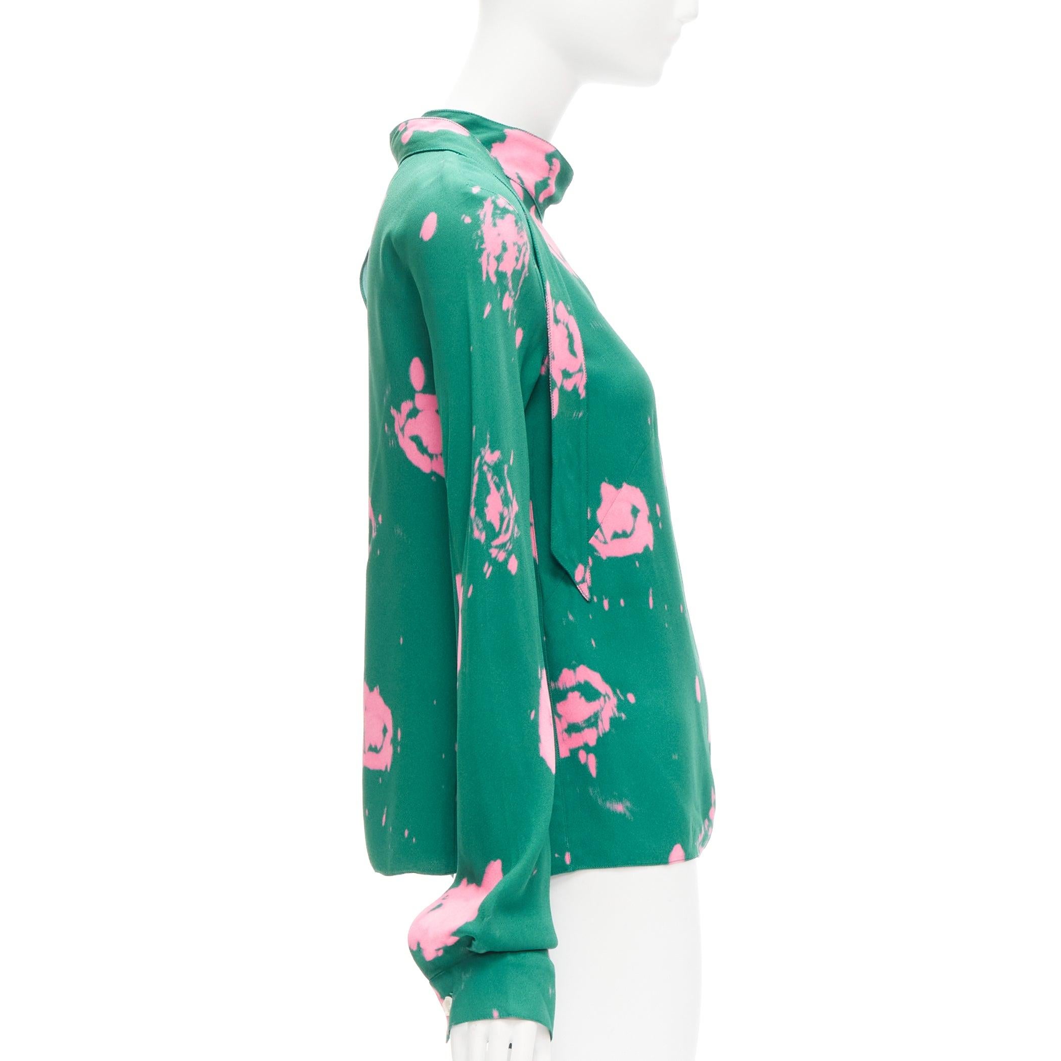 Blue MARNI green pink splatter tie dye print tie neck long sleeve blouse IT38 XS For Sale