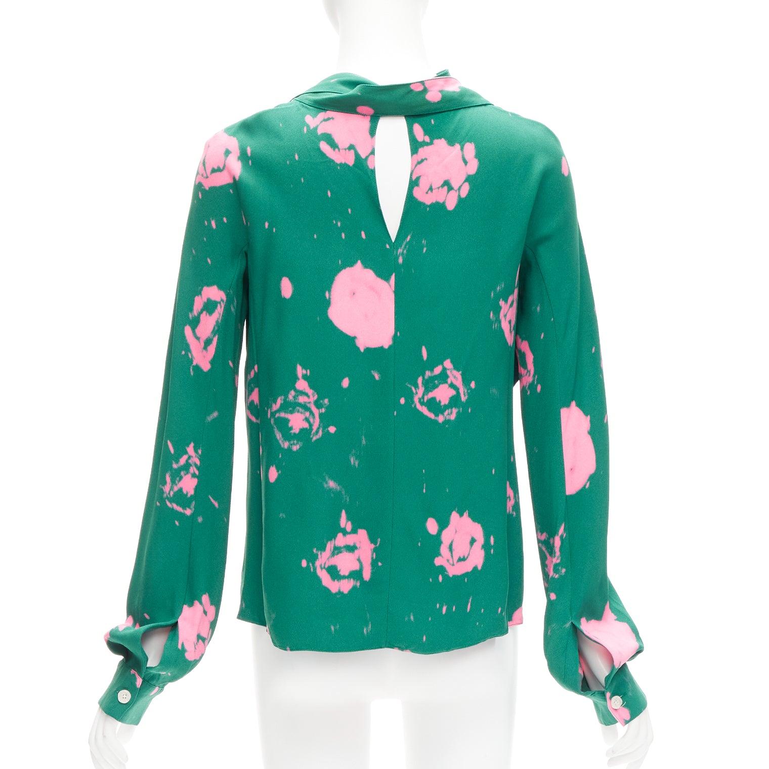 MARNI green pink splatter tie dye print tie neck long sleeve blouse IT38 XS In Excellent Condition For Sale In Hong Kong, NT