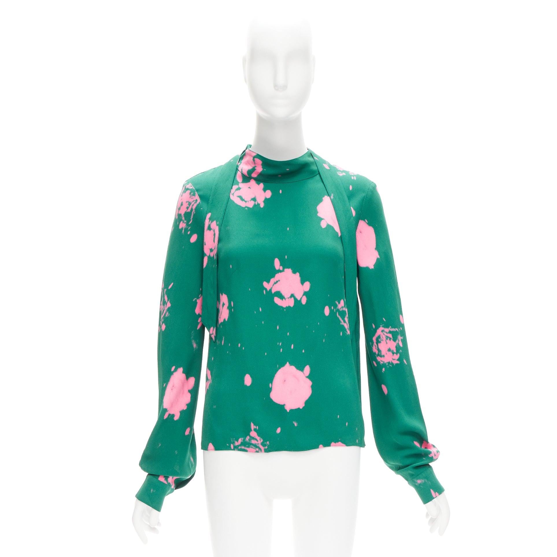 MARNI green pink splatter tie dye print tie neck long sleeve blouse IT38 XS For Sale 4