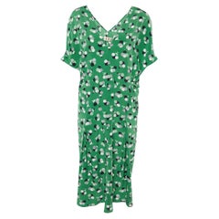 Marni Green Print Silk V-Neck Pleated Short Dress M