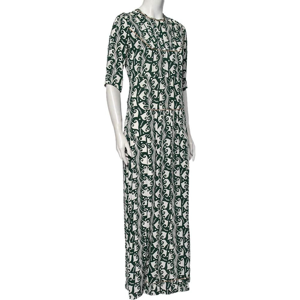 Marni Green Printed Crepe Pleated Front Detailed Maxi Dress S In Good Condition For Sale In Dubai, Al Qouz 2
