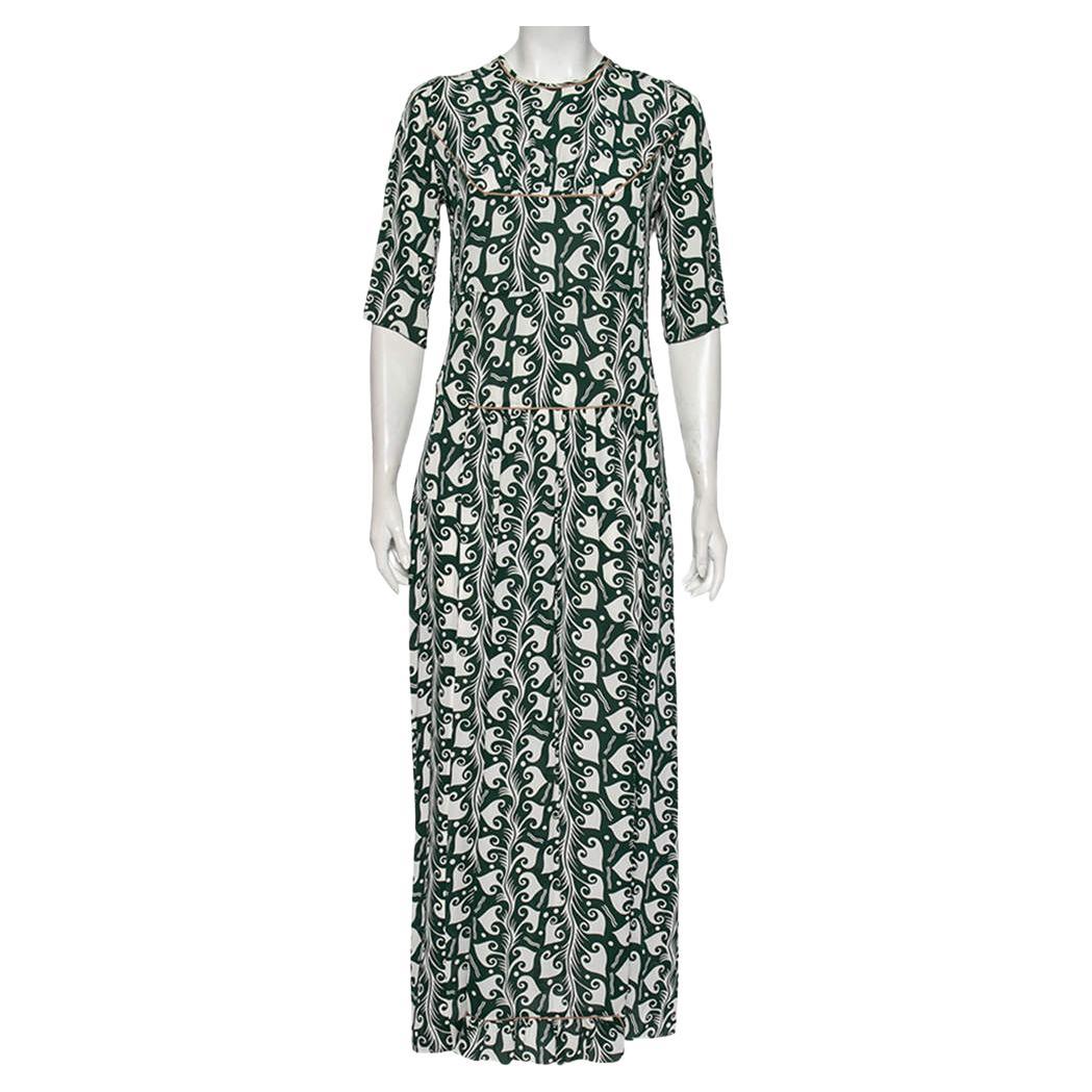 Marni Green Printed Crepe Pleated Front Detailed Maxi Dress S For Sale