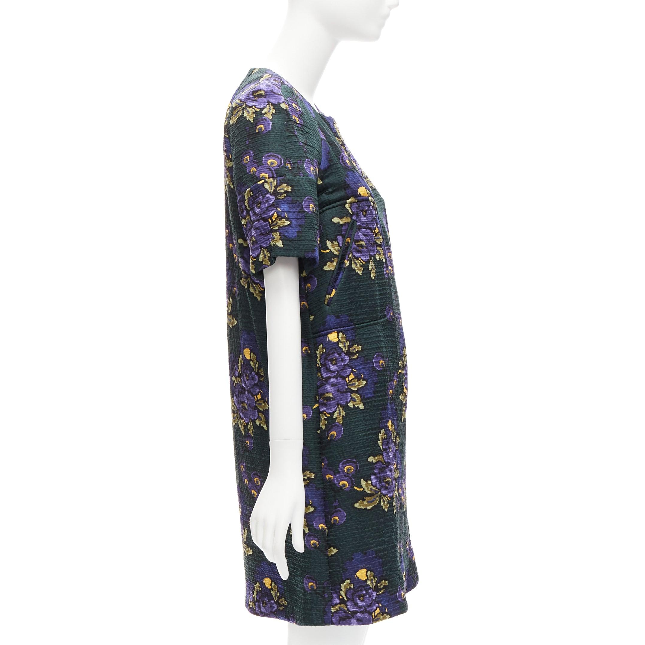 Black MARNI green purple wool silk cloque floral print zip coat dress IT38 XS For Sale
