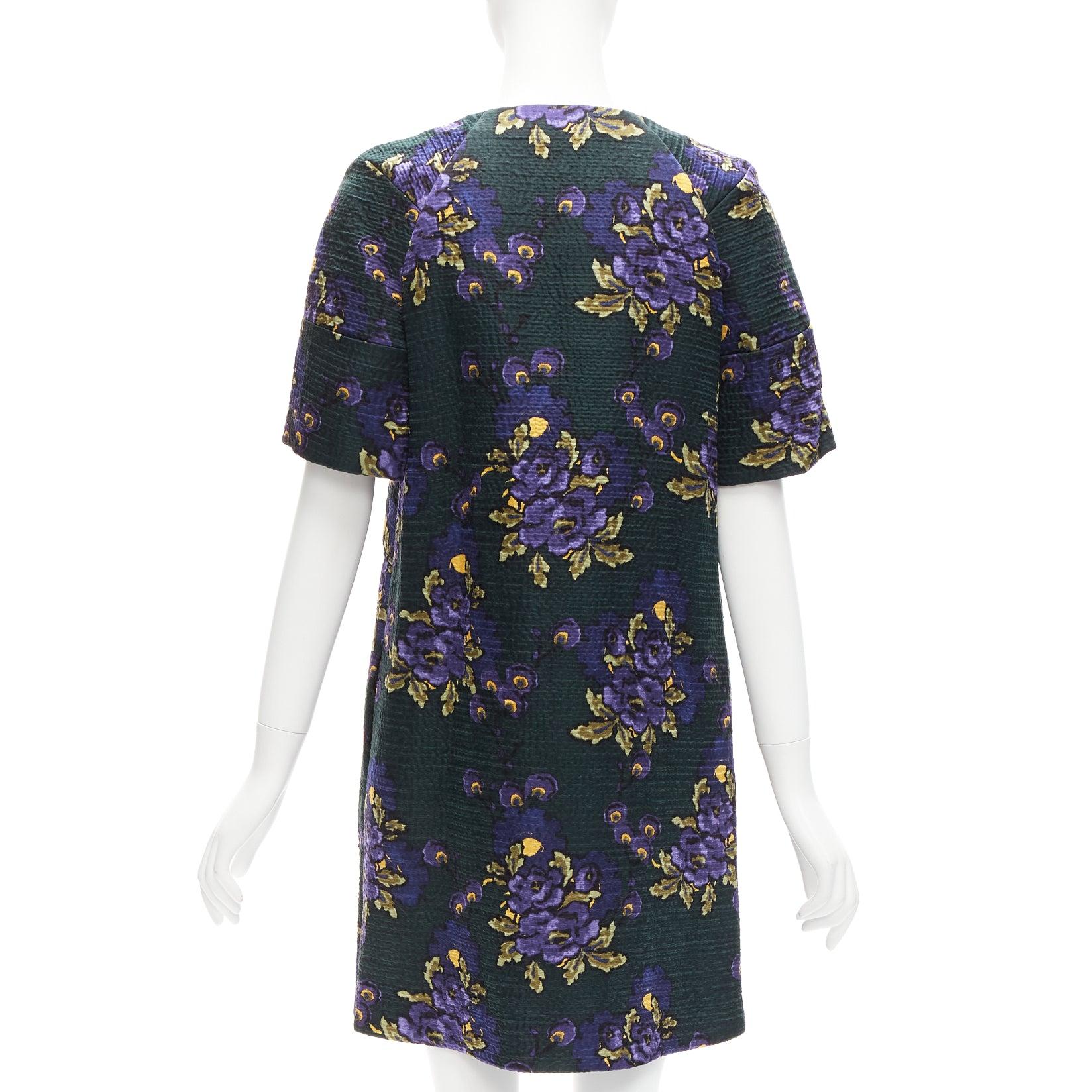 MARNI green purple wool silk cloque floral print zip coat dress IT38 XS In Excellent Condition For Sale In Hong Kong, NT