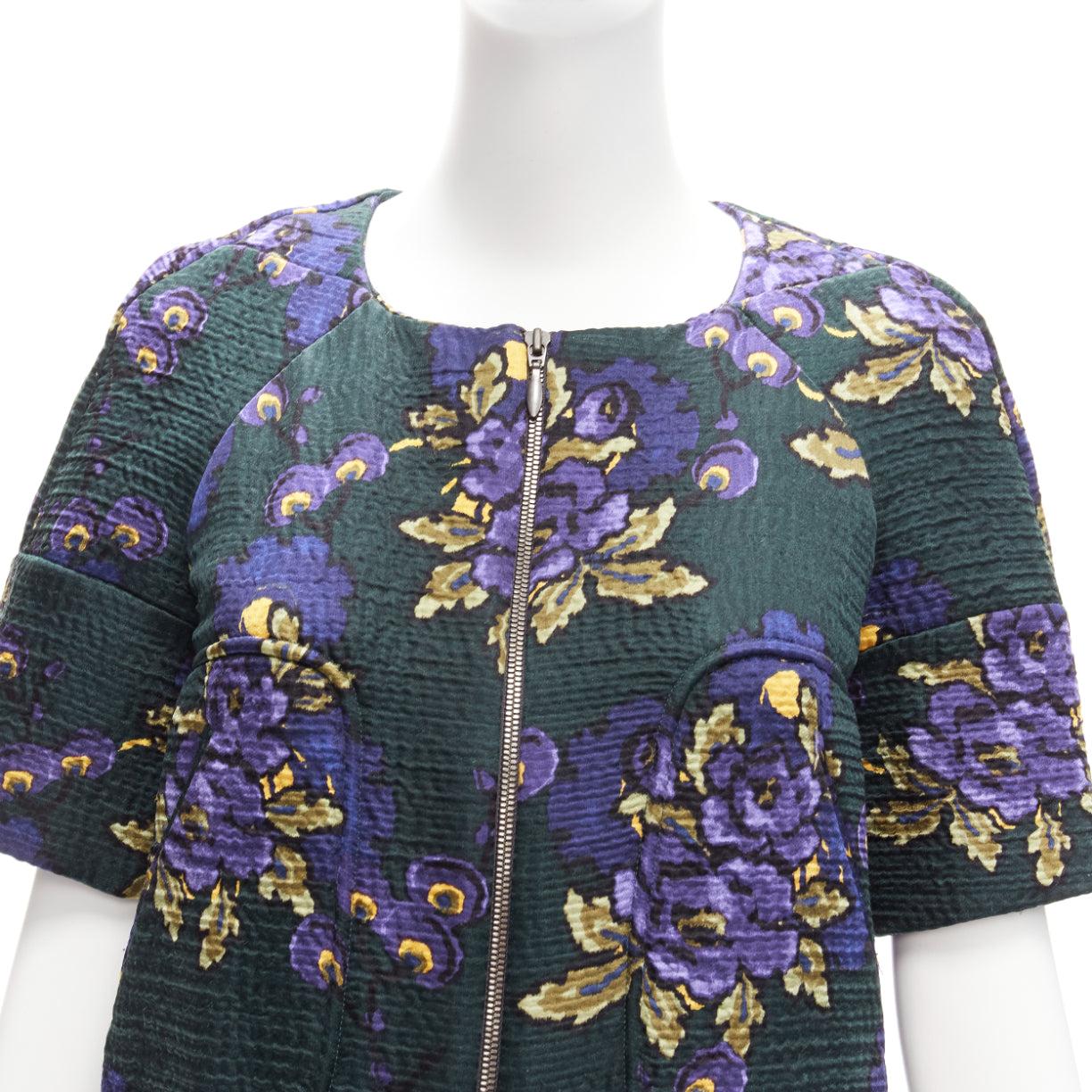 MARNI green purple wool silk cloque floral print zip coat dress IT38 XS For Sale 2