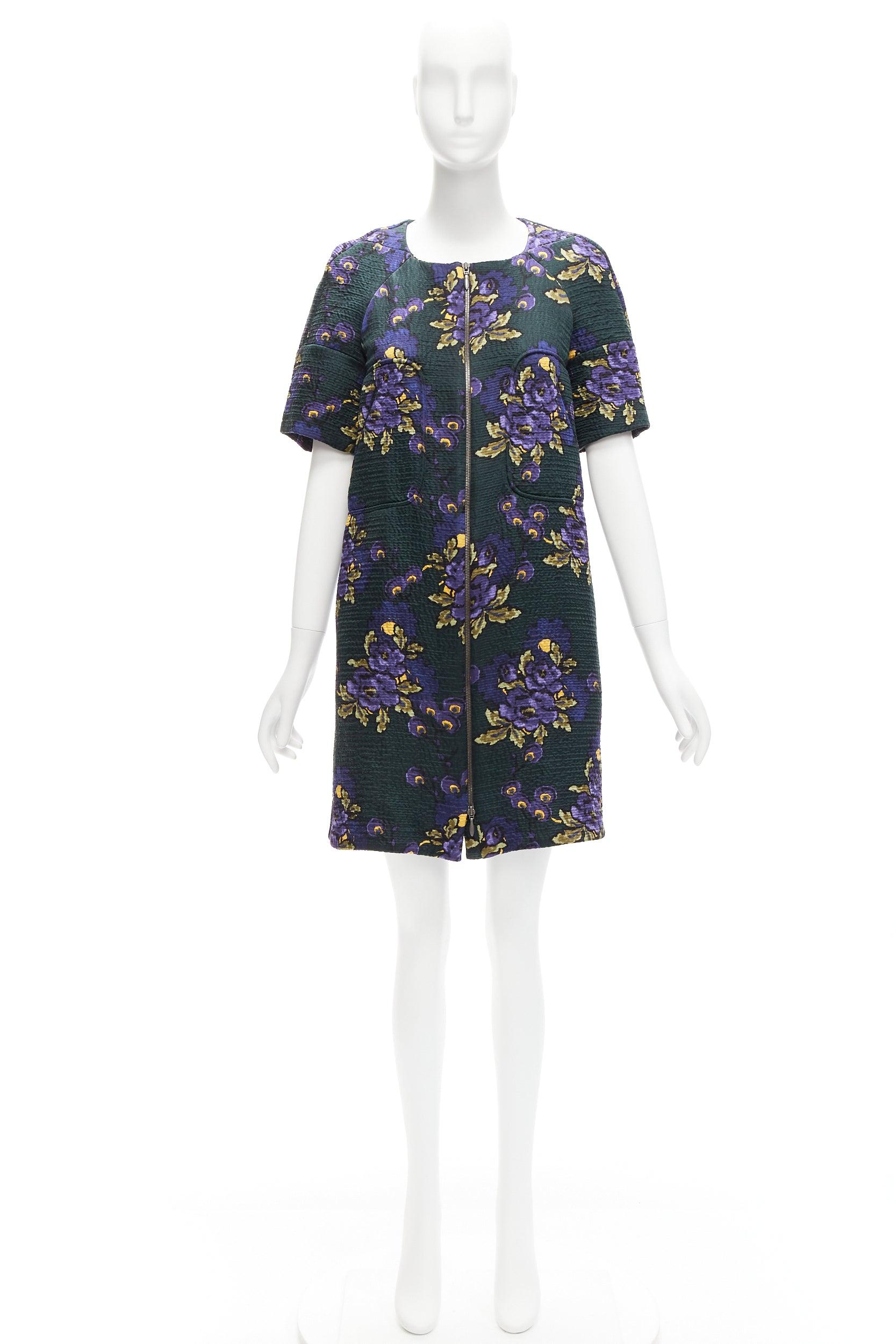 MARNI green purple wool silk cloque floral print zip coat dress IT38 XS For Sale 3