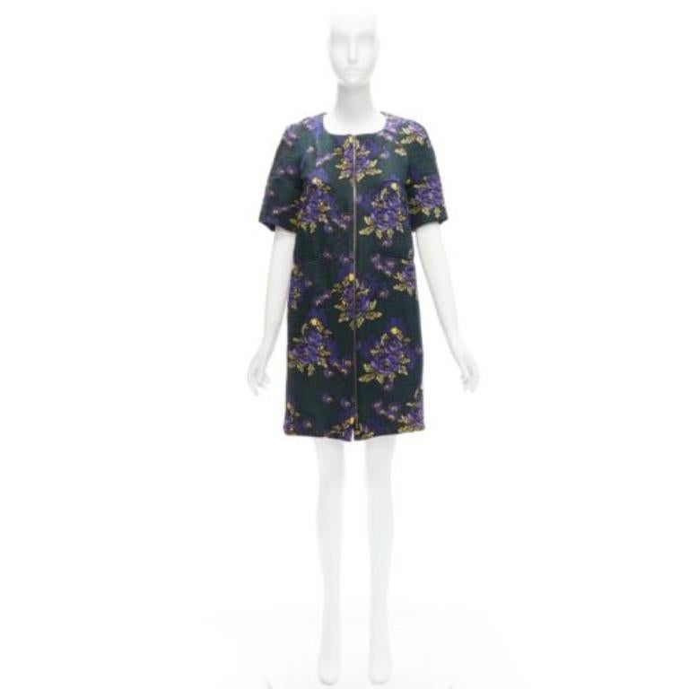 MARNI green purple wool silk cloque floral print zip coat dress IT38 XS For Sale 4