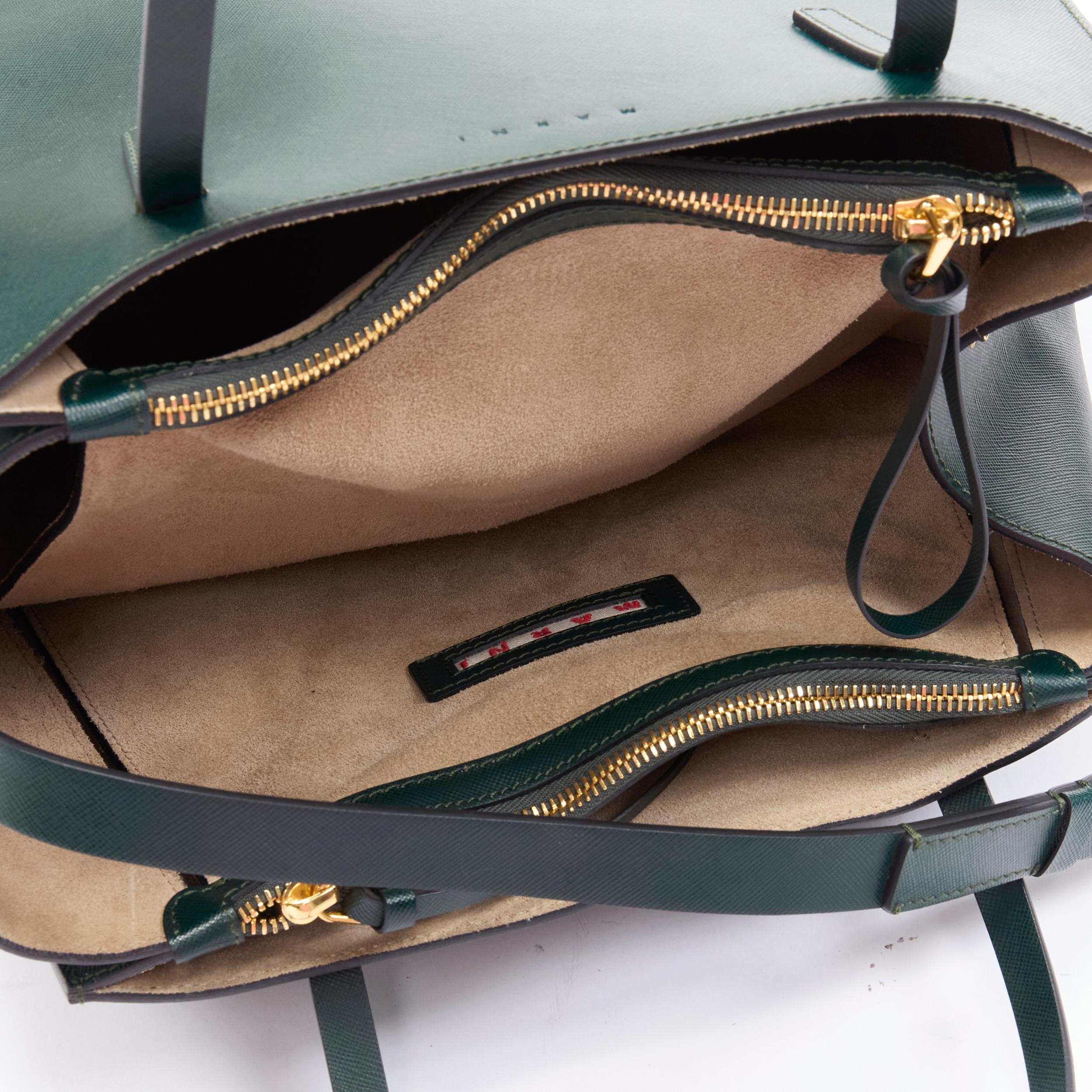 MARNI green saffiano leather top zip asymmetric structured tote bag 5