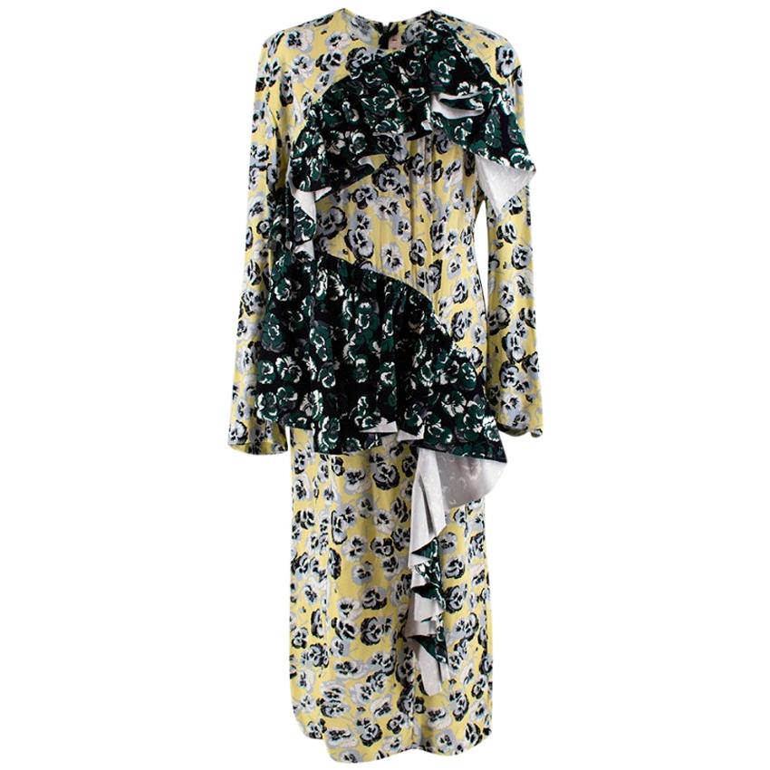 Marni Green & Yellow Floral Crepe Ruffle Dress - Size US 6 For Sale