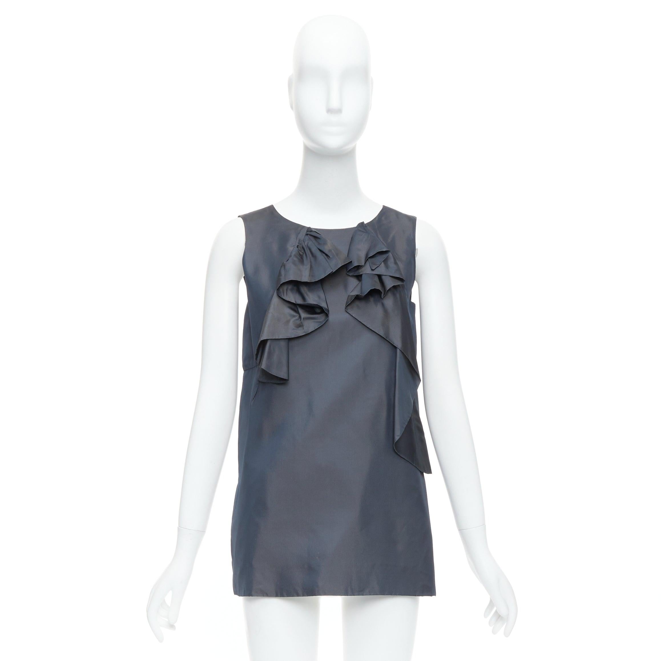 MARNI grey cupro twill ruffle crew neck tunic mini dress IT40 S For Sale 4