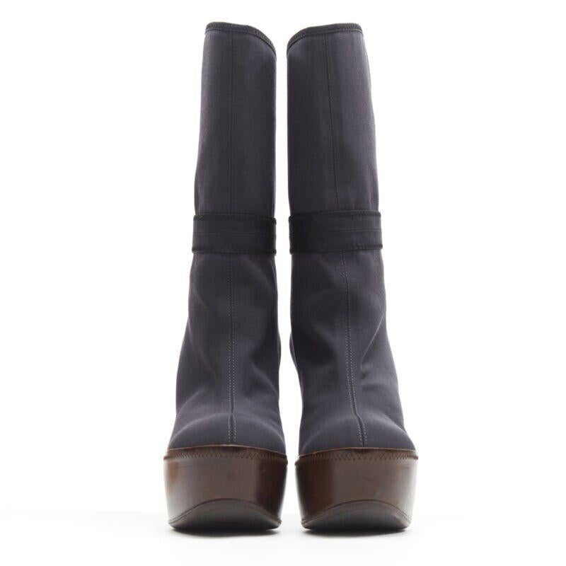 Gray MARNI grey fabric upper brown leather platform round toe high heel boot EU36 For Sale