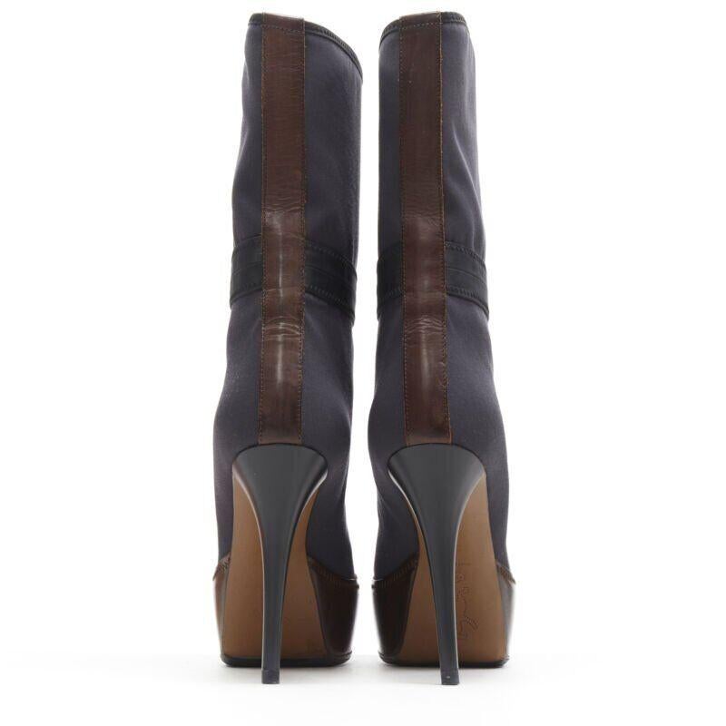 MARNI Grauer oberer brauner Lederstiefel mit runder Zehe und hohem Absatz EU36 im Angebot 1