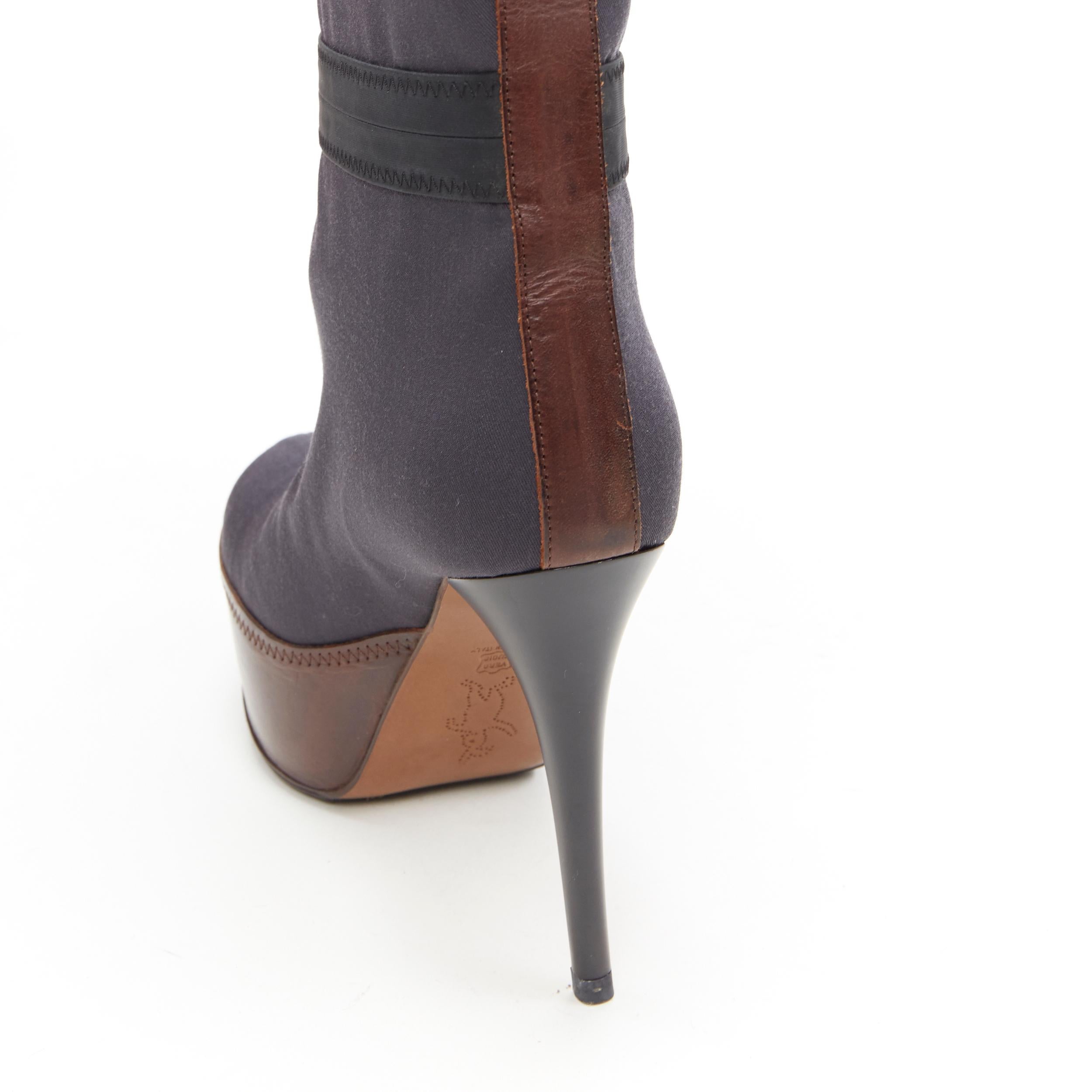 MARNI grey fabric upper brown leather platform round toe high heel boot EU36 1