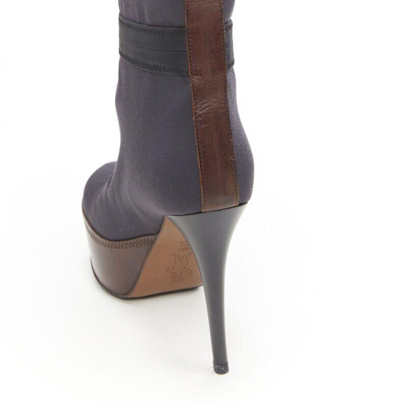 MARNI grey fabric upper brown leather platform round toe high heel boot EU36 For Sale 4