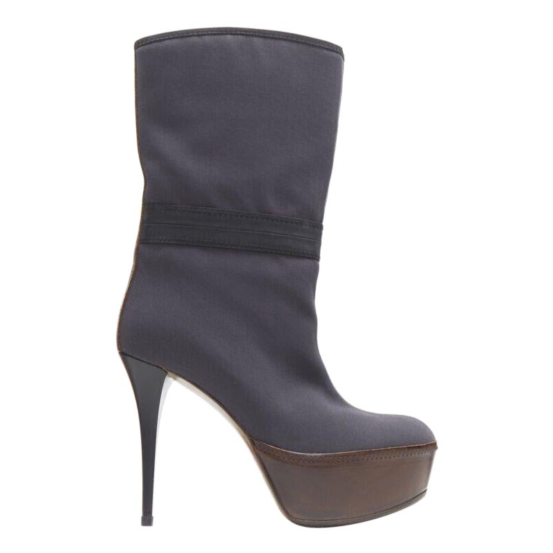 MARNI Grauer oberer brauner Lederstiefel mit runder Zehe und hohem Absatz EU36
